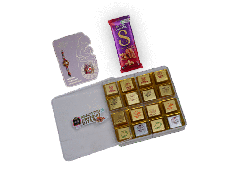 Dry Fruit Bites Rakhi Hamper – 16-Piece Acrylic Box with Chocolate & Rakhi Card - Image 3